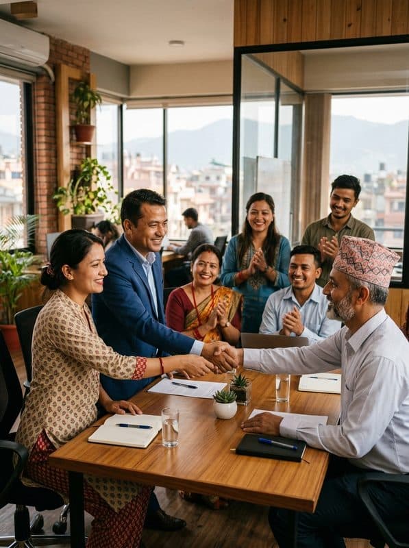 Partners shaking hands across a meeting table