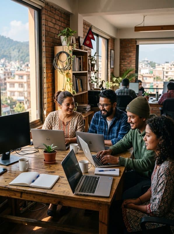 A small team working together in a bright Kathmandu office