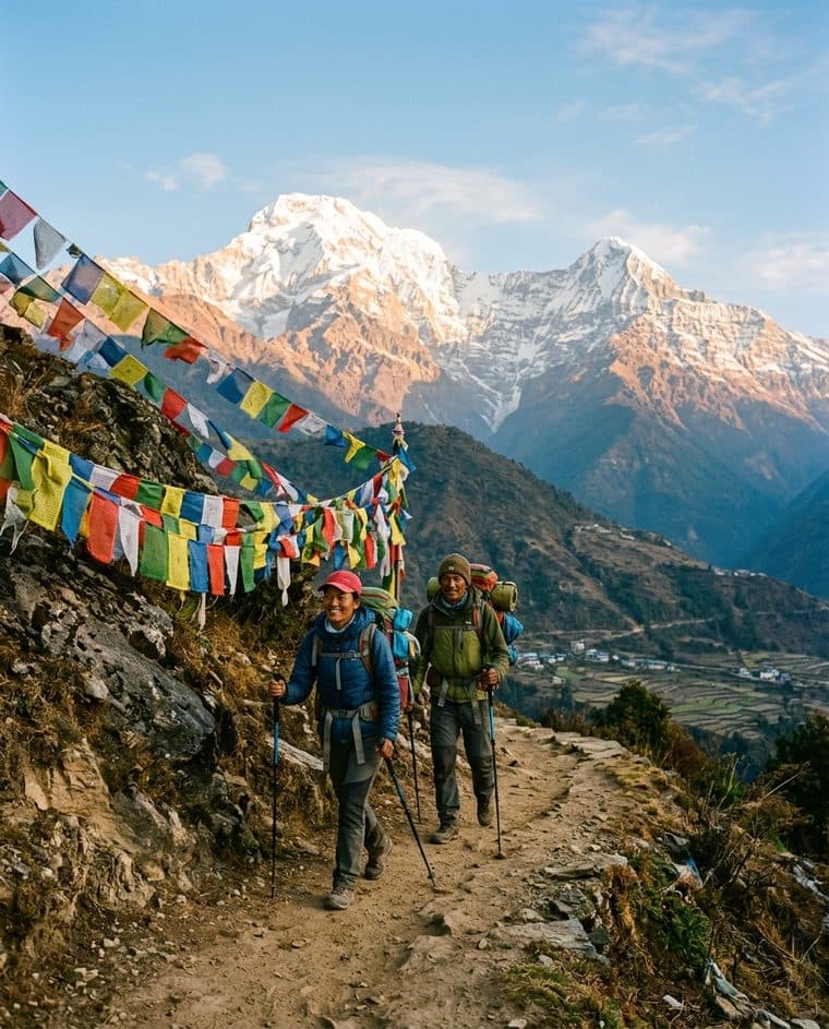 Trekkers on a Himalayan trail with prayer flags