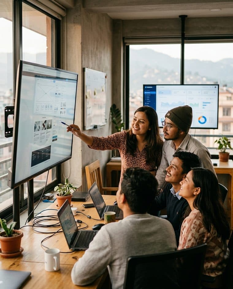 A tech team reviewing website designs and dashboards