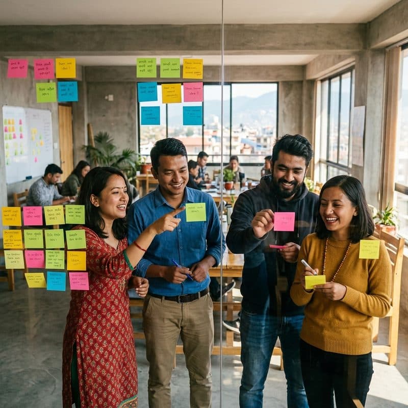 Young entrepreneurs brainstorming ideas on a glass wall
