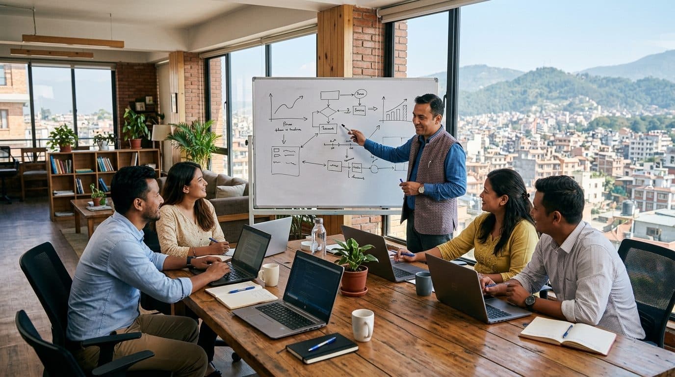 A strategy workshop around a table with a whiteboard